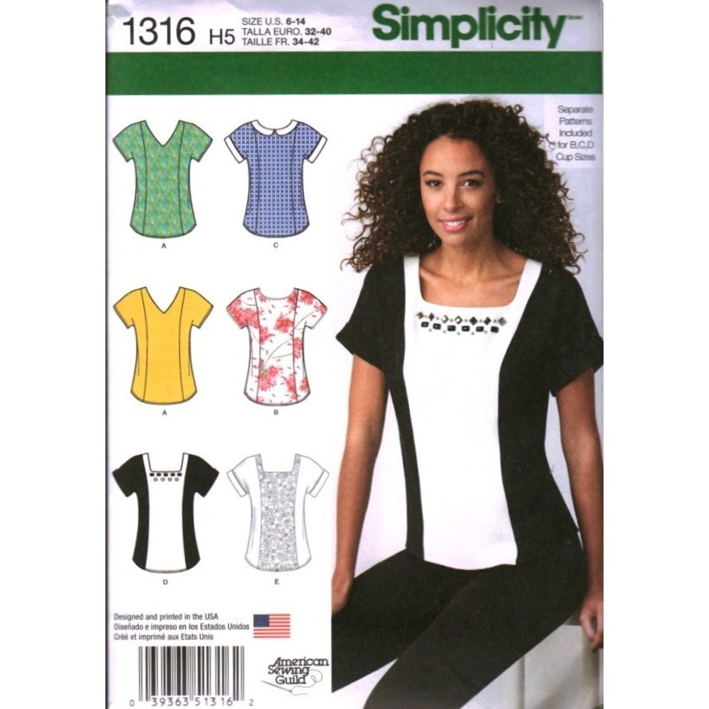 Simplicity 1316 Misses Tops Sewing Pattern Neckline Variations Size 6-14 B C D